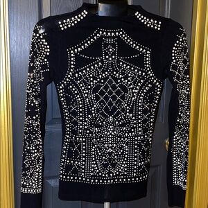Elegant Black Top with White Iridescent Studded Design  Beautiful-Elegant